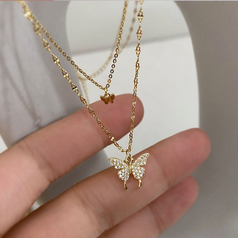 Women's Double Layer Butterfly Minimalist Necklace — High-End Collarbone Chain